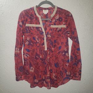 Maeve Anthropologie Sz 0 Boho Blouse Crochet V-Neck Flowy Pink/Red Floral